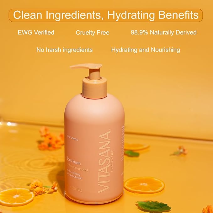Vitasana Natural Body Wash for Sensitive Skin, 16 oz – Mandarin Orange Scent, 98.9% Plant‑Derived, EWG Verified, Hypoallergenic, Paraben‑Free, Sulfate‑Free, Cruelty‑Free