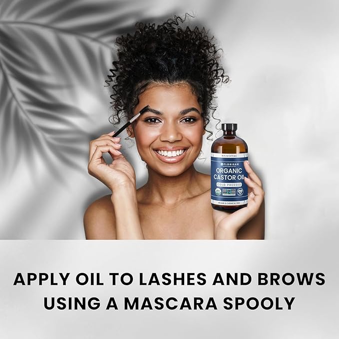 Florisan Organic Castor Oil 16oz Glass Bottle, Cold Pressed, Hexane-Free, Non-GMO, 100% Pure Castor Oil for Hair Growth, Skin, Lashes, Eyebrows, EWG Verified & USDA Organic Certified