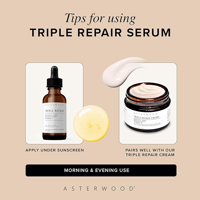 Asterwood Triple Repair Matrixyl 3000 + Argireline + Hyaluronic Acid + Vitamin C Serum for Face - Anti-Aging, Collagen Boosting, Hydrating - Fragrance-Free - 4 Fl Oz
