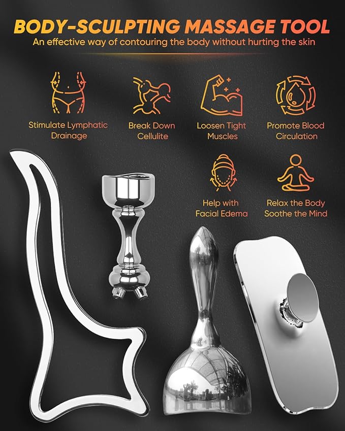 ONUEMP 4-in-1 Stainless Steel Massage Therapy Tools for Ice Body Sculpting, Maderoterapia Kit Colombiana, Gua Sha Scraping Body & Facial Massager for Lymphatic Drainage, Anti Cellulite