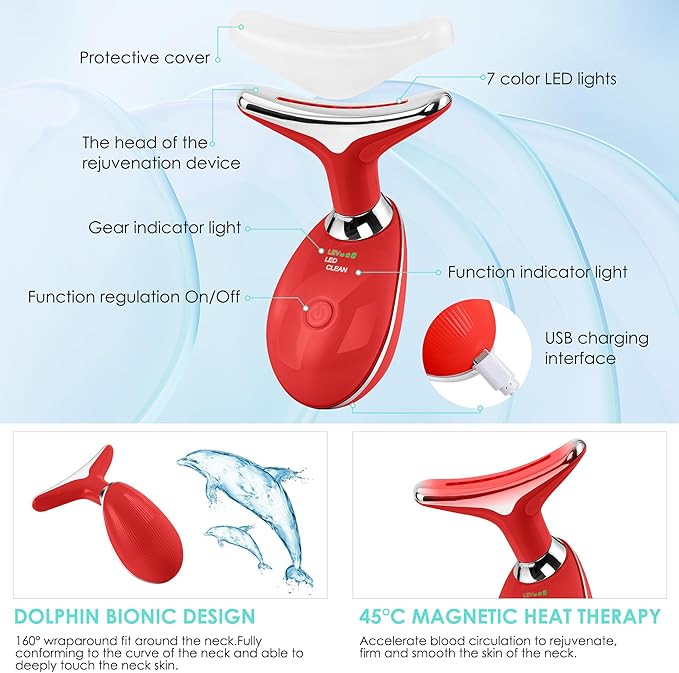 Facial Massager Red-Light-Therapy-for-Face and Neck, Face 𝖲 culpting Wand with 7 Color (Bright Red)