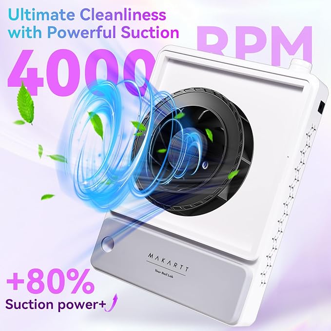 Makartt Nail Dust Collector - Rechargeable Ultra Thin Portable Dust Collector DUSTINA with Digital Display Silicone Wrist Rest and Reusable Filter for Nail Tech Acrylic Gel Polishing