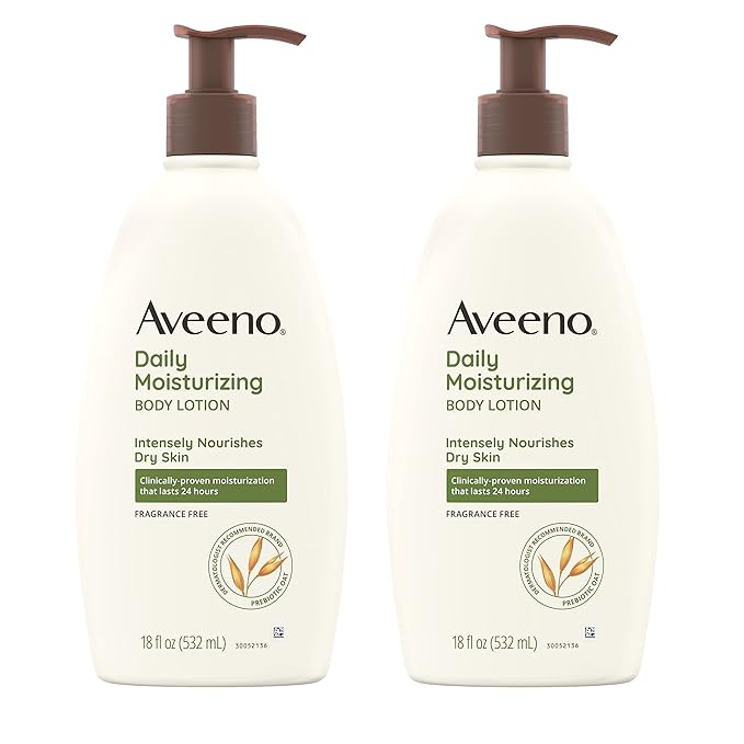 Aveeno Daily Moisturizing Body Lotion for Dry, Sensitive Skin with Prebiotic Oat, 24-Hour Moisture, Fragrance-Free, Dye & Paraben-Free, Non-Greasy, Non-Comedogenic, 2 × 18 Fl Oz