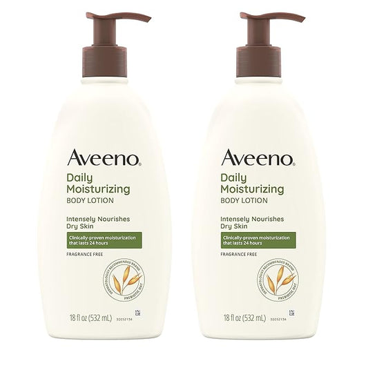 Aveeno Daily Moisturizing Body Lotion for Dry, Sensitive Skin with Prebiotic Oat, 24-Hour Moisture, Fragrance-Free, Dye & Paraben-Free, Non-Greasy, Non-Comedogenic, 2 × 18 Fl Oz