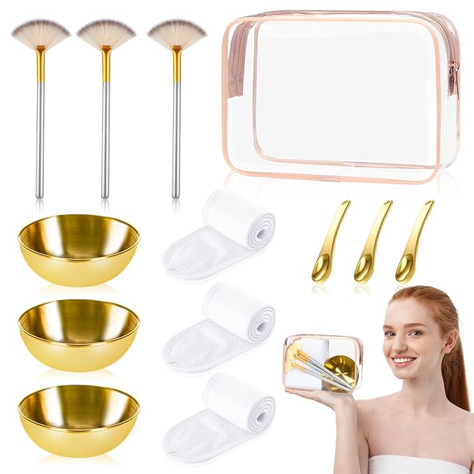 13 Pcs Esthetician Supplies 3 Gold Bowls Stainless Steel 3 Gold Skincare Spatula Metal 3 Facial Fan Brushes 3 White Facial Headbands Esthetician Clear Cosmetic Bag with Zipper for Women Facials