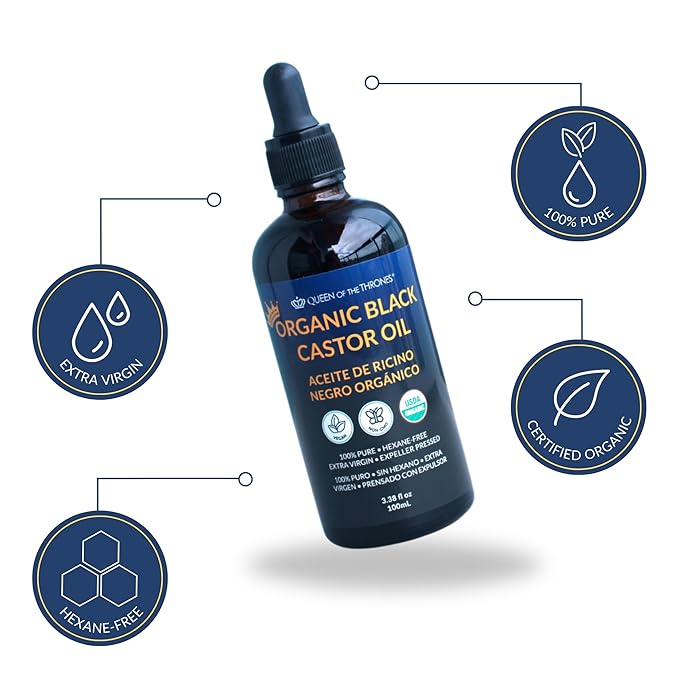 QUEEN OF THE THRONESOrganic Black Castor Oil - 100mL with Dropper| 100% Pure, Certified Organic, Hexane-Free, Extra Virgin | Moisturizing & Conditioning Oil for Skin, Hair & Nails