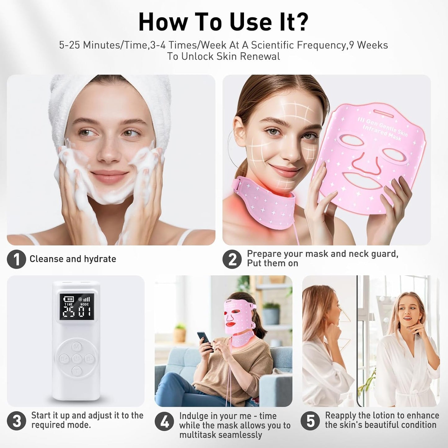 Red Light for Face,Red Light Mask For Face And Neck Women,25°C-32°C Heated Infrared Face Mask,Anti-Aging Infrared,LED 940nm IR