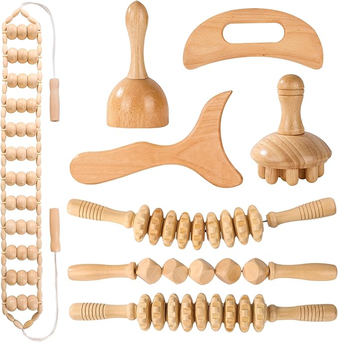 Wood Therapy Tools for Body Shaping,8 in 1 Wood Therapy Massage Tools,Wooden Gua Sha Tools,Lymphatic Drainage Massager,Maderoterapia kit,Wooden Massager Roller Rope for Body Shaping, Beige