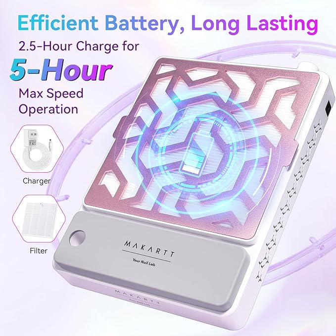 Makartt Nail Dust Collector - Rechargeable Ultra Thin Portable Dust Collector DUSTINA with Digital Display Silicone Wrist Rest and Reusable Filter for Nail Tech Acrylic Gel Polishing