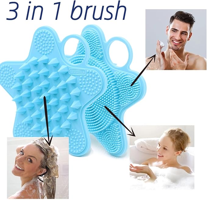 LUCKSTELLA 100% Silicone Dual-Sided Shower Brush – Star-Shaped Body Scrubber & Scalp Massager, Gentle for Hair & Skin (Aqua)