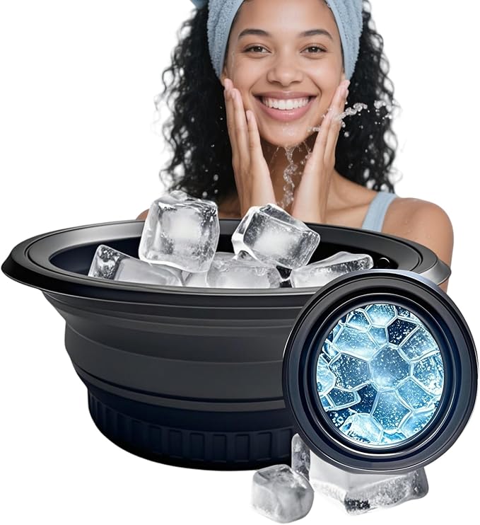 Face Bowl for Ice with Built-in Tray – Collapsible Silicone Face Bath Bowl for Cooling Skin – Portable Design for Home & Travel (Dark)
