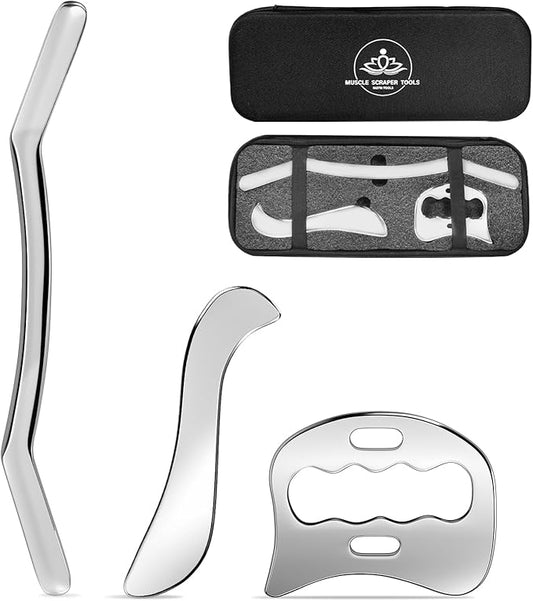 3-in-1 Stainless Steel Gua Sha Muscle Scraper Tool Set，Metal Scraping Tools，Myofascial Scraping Tool for Physical Therapy，Facial/Body Tools＆Derma Edge Massage Tool