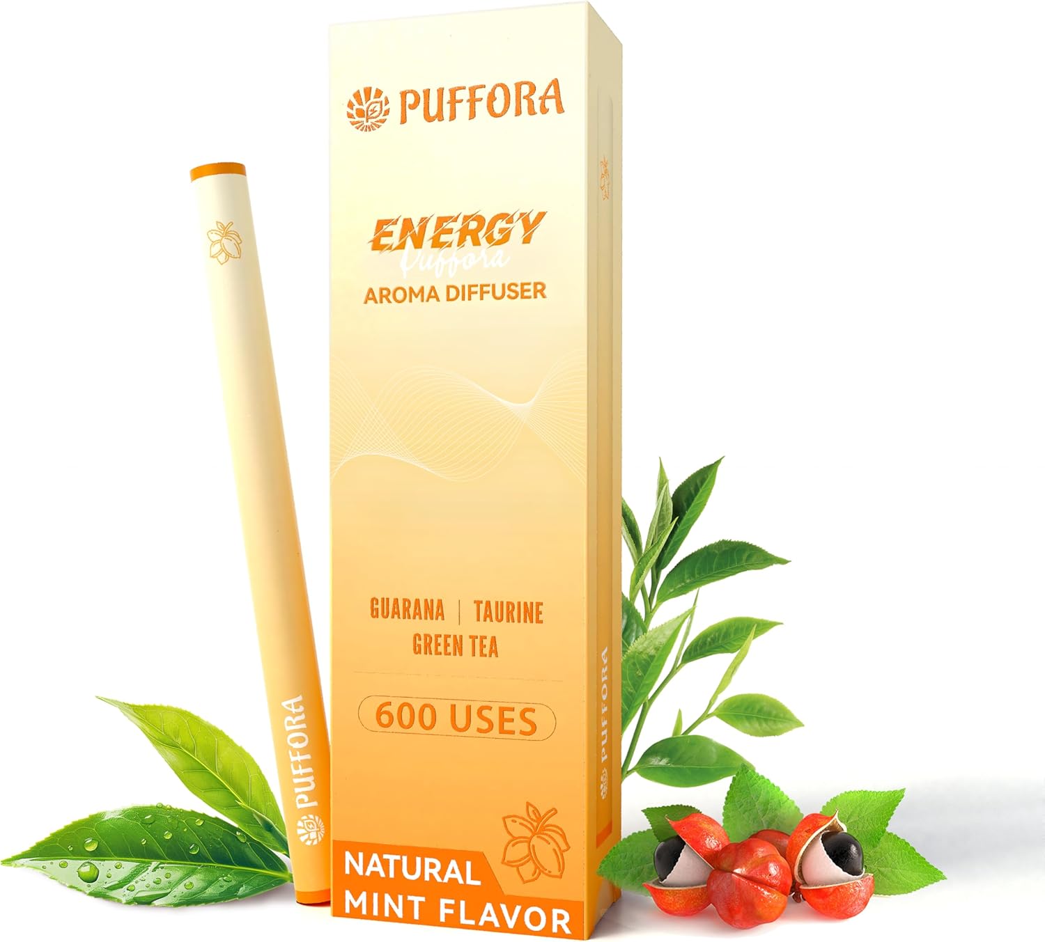 Energy Diffuser Pen, Extracts of Guarana, Green Tea & Taurine, Vitamin B12 & B6, Support for Energy & Focus Boost, Body Relaxation, Natural Alternative - 600 Uses