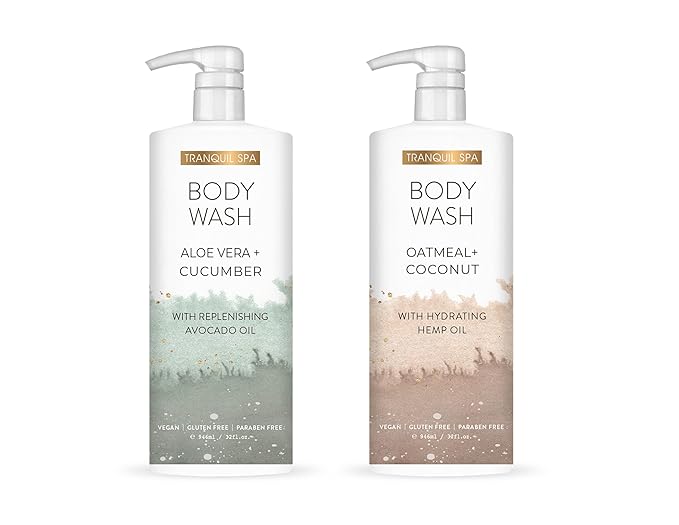 Tranquil Spa Body Wash Duo, Aloe Vera + Cucumber, Oatmeal + Coconut | Two 32oz bottles | Home and Body Company