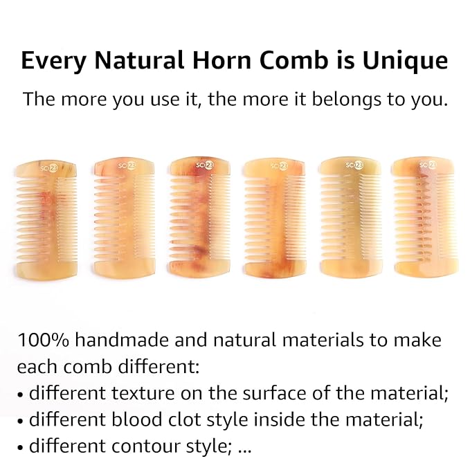 Untreated 4.3 inch Real Ox Horn Curly Hair Beard Mustache Comb, Handmade Fine Wide Tooth Double Sided Small Pocket Travel, Anti-static Detangling Massage Scalp Gua sha for Women Men