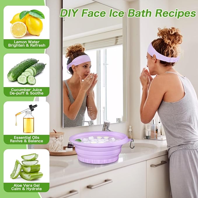 Foldable Ice Bowl with Built-In Ice Tray – Silicone Facial Ice Bath for Shrinking Pores, Boosting Circulation, Cold Plunge Skincare Gift for Men & Women (Purple)