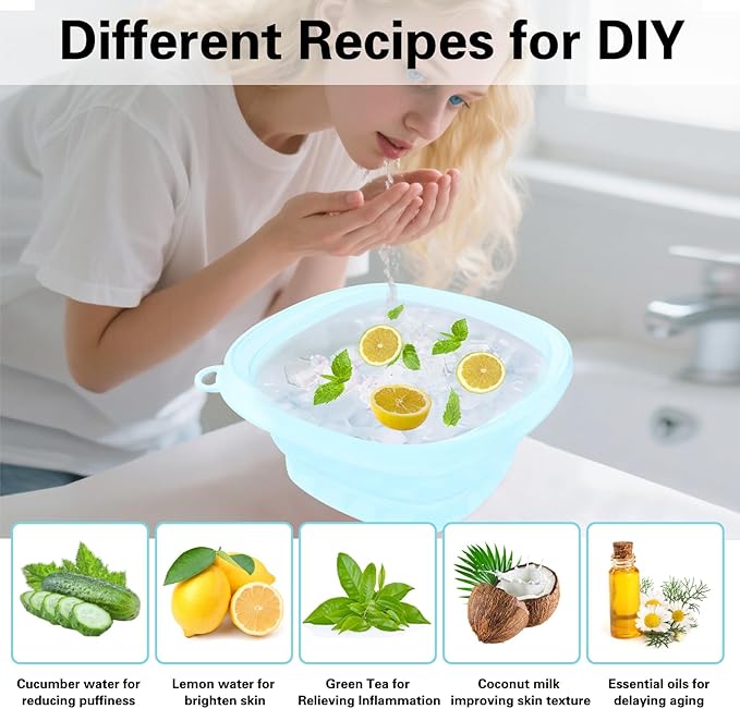 Face Bowl for Ice with Built-in IceTray,Collapsible Silicone Face Ice Bowl – Cold Plunge Therapy for Skin Tightening & Facial Treatment– Portable Spa Tool for Home & Travel（Blue)