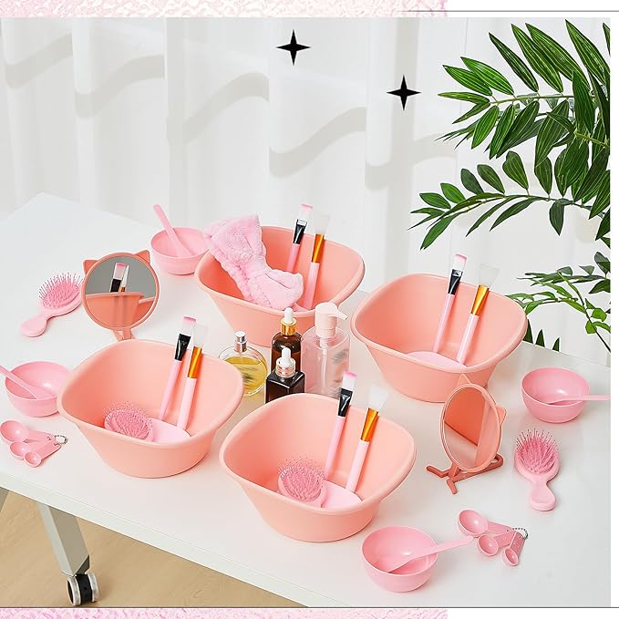 100 Pcs Spa Party Supplies for Women Pink Facial Mask Bowl Set with Facial Mask Bowls Spatula Brush Puff Measuring Scoop Basin Mirror Air Cushion Comb Headband Spa Birthday Party Favor