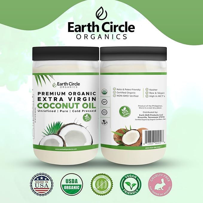 Earth Circle Organics Premium Ultra Pure Extra Virgin Organic Coconut Oil, Cold Pressed, Baking, Smoothies, Skin & Hair Care, Gluten-Free, Keto & Paleo Friendly (32 Ounce Unrefined)