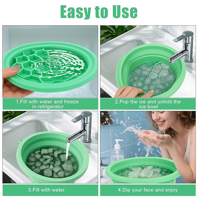 Silicone Face Bowl for Ice with Built-In Icetray, Collapsible Face Tub for Ice Bath, Facial Ice Plunge Bowl, Ice Water Facials at Home - Green