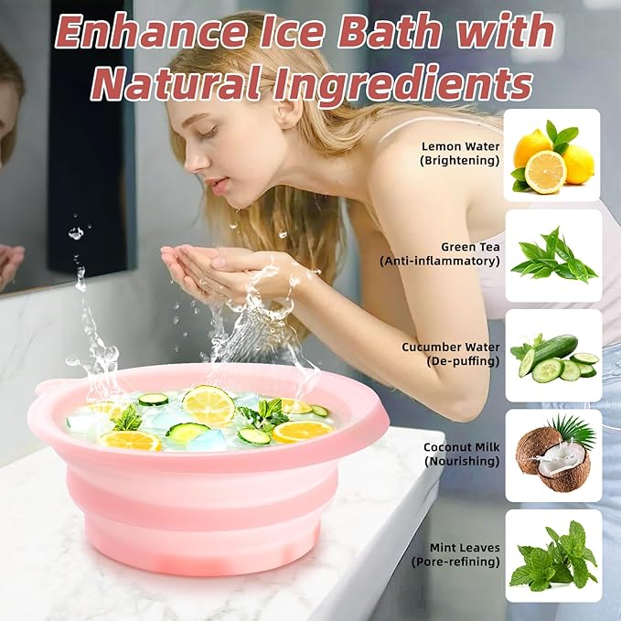 Face Bowl for Ice with Built-In Icetray, Silicone Ice Facial Foldable Washbasin,Ice Bath for Face,Facial Plunge Bowl, Face Icebath at Home, Pink