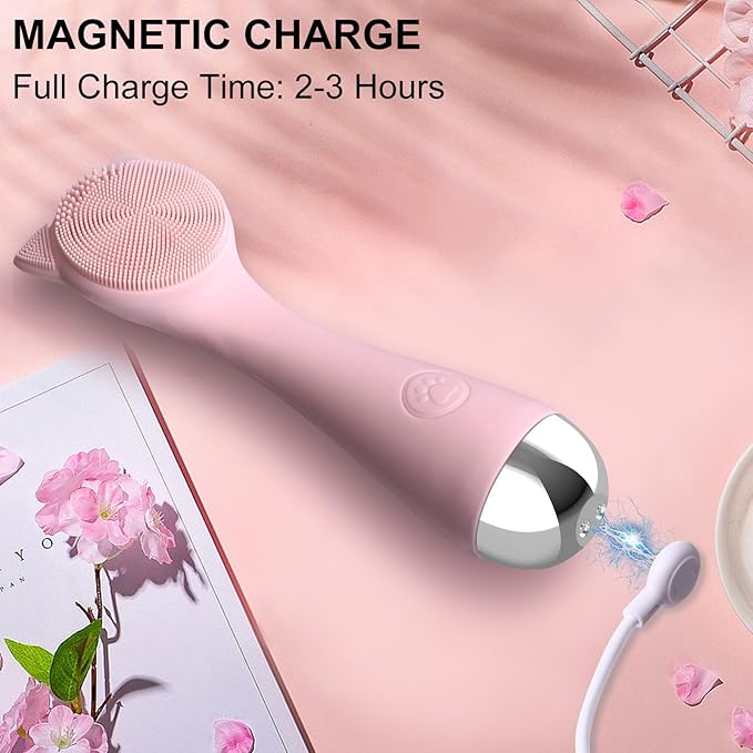 Facial Cleansing Brush, Silicone Face Scrubber Exfoliator for Men & Women, Electric Face Brush Waterproof, with 3 Speeds Adjustable for Deep Cleaning, Removing Blackhead, Face Massaging (Pink)