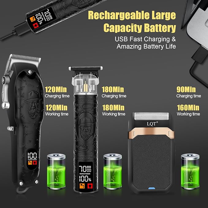 Professional Hair Clipper Set for Men Electric Shaver Razor Cordless Hair Cutting Barber Clippers Beard Trimmer Men’s Grooming Kit Gifts for him (Black)
