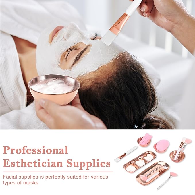 23 Pcs Rose Gold Esthetician Supplies 3 Stainless Steel Facial Mask Mixing Bowls 3 Facial Fan Brushes 3 Flat Brushs Skincare Tray 3-Compartment Serving Tray 12 Compressed Facial Sponges for Skin Care