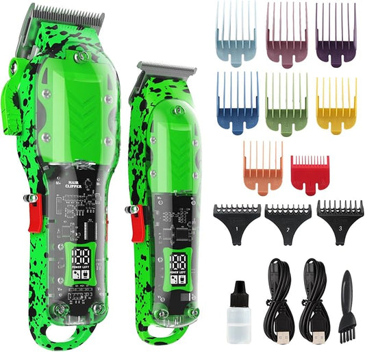 Professional Hair Clippers for Men, Cordless Barber kit for Hair Cutting & Grooming, Green Hair Clippers and Trimmer Set for Barber Haircut with LED Display, 8 Fade Taper Combs