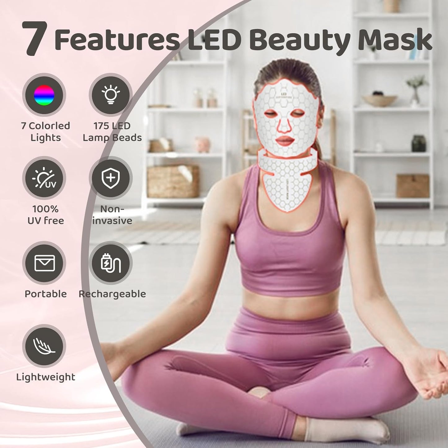 Yahi Red Light Photon Facial & Neck Mask with Remote Control, 7 Custom Modes with Infrared, Portable & Rechargeable with Timer for Home Use, 175 High-Density Light Beads, White