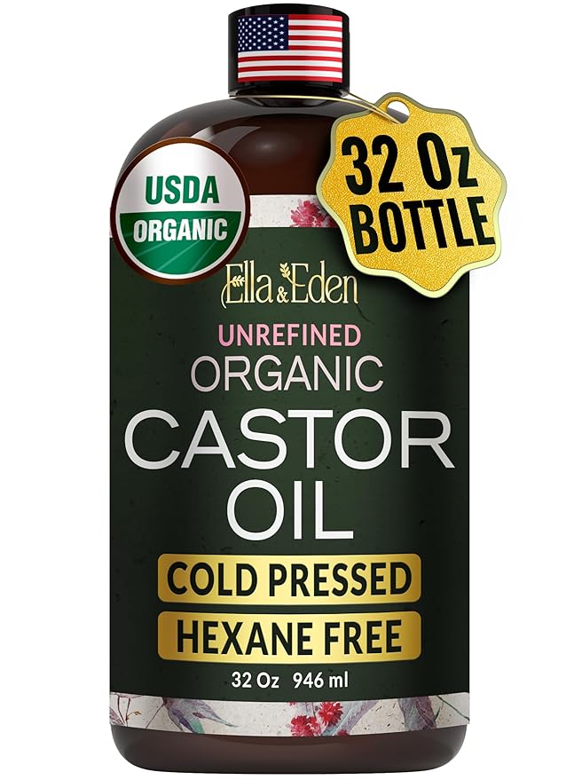 Ella & Eden Organic Castor Oil – Cold-Pressed, Hexane-Free, USDA Certified, Unrefined & 100% Pure | For Hair Growth, Skin and Face – 32 fl oz