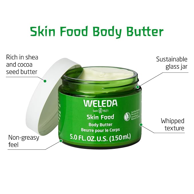 Weleda Skin Food Body Butter 5 Fluid Ounce, Sustainable Glass Jar, Plant Rich Hydrating Moisturizer with Shea and Cocoa Butter, Sweet Almond Oil and Pansy & Skin Food Body Lotion