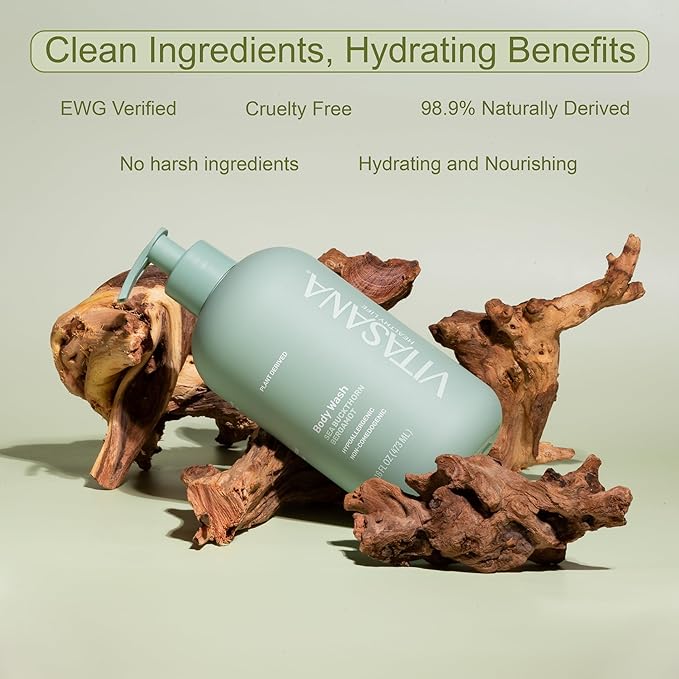 Vitasana Natural Body Wash for Sensitive Skin, 16 oz – Sea Buckthorn & Bergamot Scent, 98.9% Plant‑Derived, EWG Verified, Hypoallergenic, Paraben‑Free, Sulfate‑Free, Cruelty‑Free
