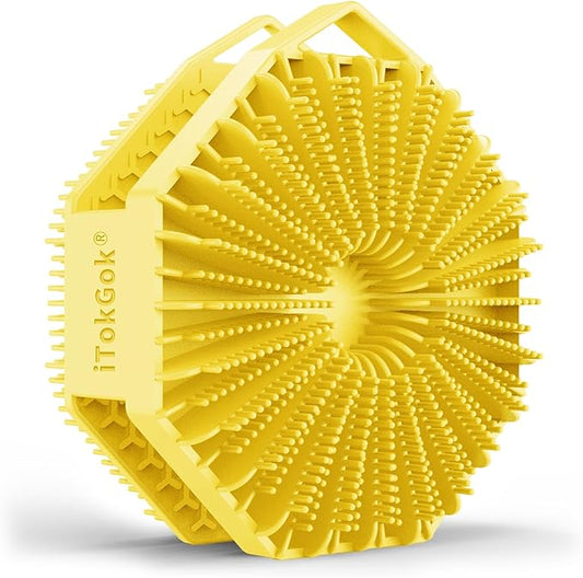 iTokGoK® Premium Silver-Infused Double-Sided Design 2-in-1 Silicone Body Scrubber for Men,Body Buffer Scrubber for Sensitive Skin, Ergonomic No-Slip Handle, Long-Lasting & Easy to Clean - Yellow