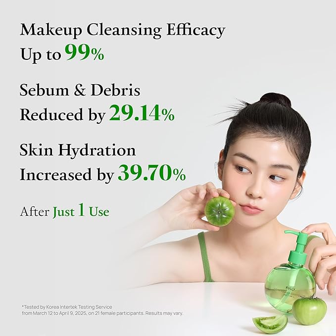 FULLY Green Tomato Pore Cleansing Oil, Daily Oil Cleanser with BHA & Green Tomato for Makeup Removal, Sebum Control, Blackhead Removal for Sensitive Skin, Vegan Korean Skincare, 8.45 fl.oz