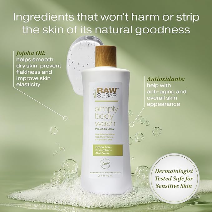 RAW SUGAR Sensitive Skin Simply Body Wash - Green Tea + Cucumber + Aloe Vera, Moisturizing & Brightening Bath & Shower Gel, Sulfate-Free, Paraben-Free & Vegan (Pack of 3)