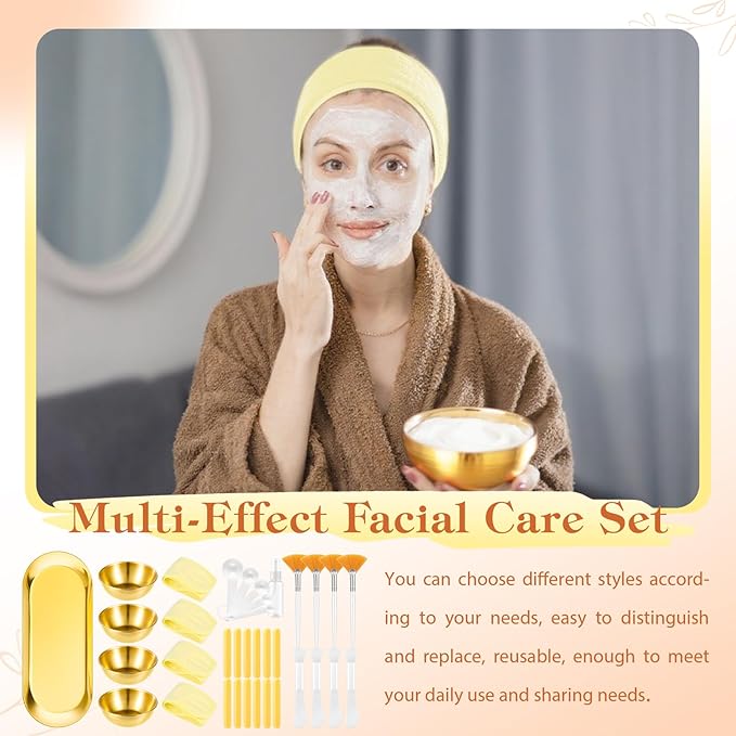 31 Pcs Esthetician Supplies for Facials Set,4 Gold Esthetician Bowls 4 Fan Facial Brushes 12 Compressed Facial Sponge 4 Adjustable Headbands 4 Mask Cosmetic Applicators for Women Face Cleansing