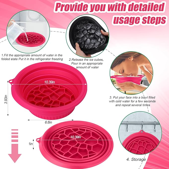 Palksky Face Ice Bath Bowl with Built-in Icetray, Silicone ICES Facial Bowls Collapsible Washbasin, Facial Plunge Bowl, Face Icebath at Home for Skin Tightening, Acne Relief, Pink