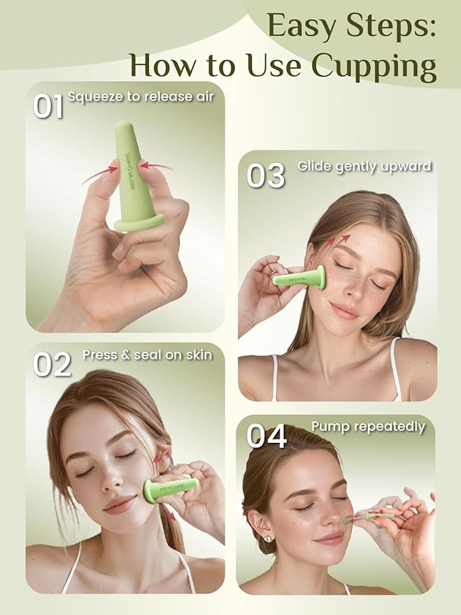 Rena Chris Facial Cupping Set & Gua Sha Facial Tool - Silicone Cupping Set & Jade Gua Sha Stone - Face Cupping Therapy Set for Natural Skin Care, Puffiness, Lip Plumping(Green)