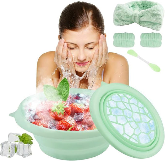 Face Bowl for Ice with Built-In Icetray, Facial Plunge Bowl with Face Wash Headband Wristband Set and Face Mask Brush Applicator, Silicone Ice Facial Foldable Washbasin,Ice Bath for Face (Green)