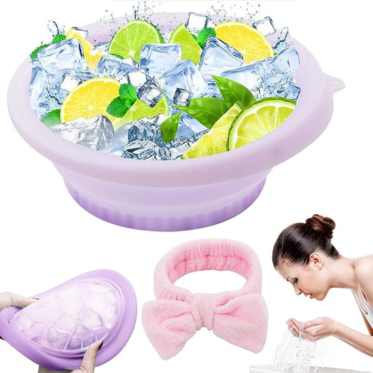 Face Bowl for Ice, Face Ice Bath Bowl, with Built-in Icetray Silicone Foldable Portable Design, with Pink Wash Strap, Skin Tightening, Vagus Nerve Stimulation and Pore Shrinking (Purple)