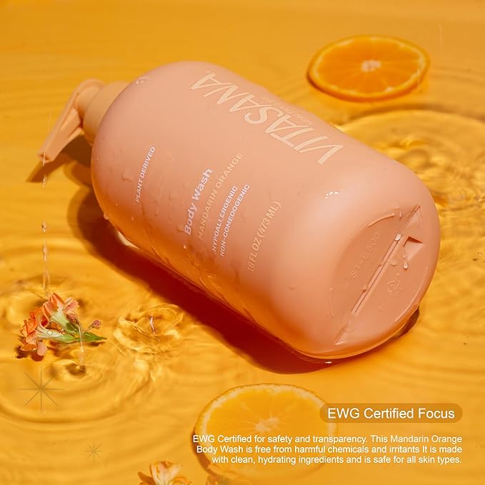 Vitasana Natural Body Wash for Sensitive Skin, 16 oz – Mandarin Orange Scent, 98.9% Plant‑Derived, EWG Verified, Hypoallergenic, Paraben‑Free, Sulfate‑Free, Cruelty‑Free