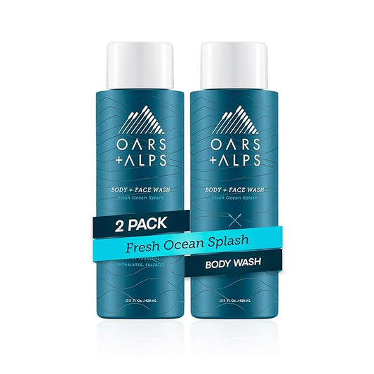 Oars + Alps Body and Face Wash for Men, Mens Body Wash with Vitamin E and Antioxidants, Moisturizing, Hydrating, Paraben & Sulfate Free Cleanser, Fresh Ocean Splash, 2pk