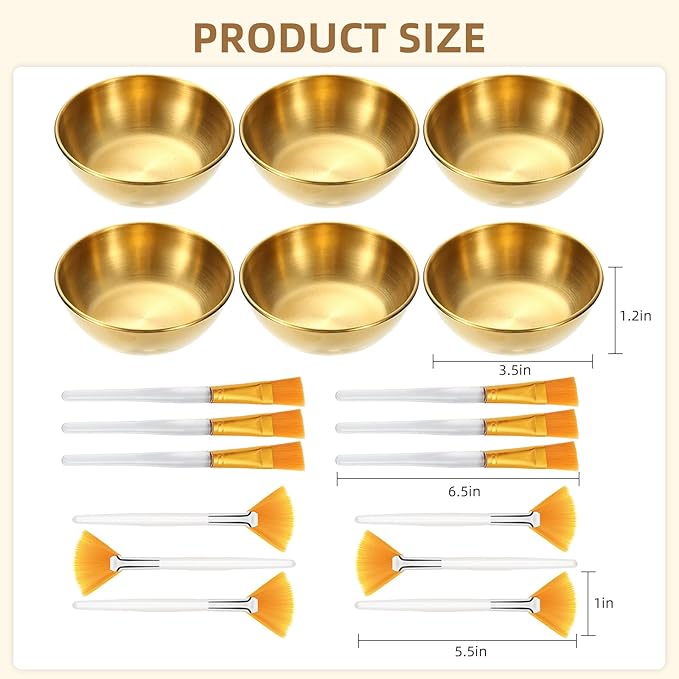 18 Pcs Esthetician Supplies for Facials Set, 6 Gold Stainless Steel Mixing Bowls, 6 Fan Mask Brushes & 6 Flat Applicator Brushes for Estheticians & Home Spa, Facial Mask Mixing Kit