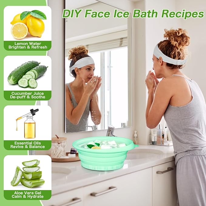 Foldable Ice Bowl with Built-In Ice Tray – Silicone Facial Ice Bath for Shrinking Pores, Boosting Circulation, Cold Plunge Skincare Gift for Men & Women (Green）