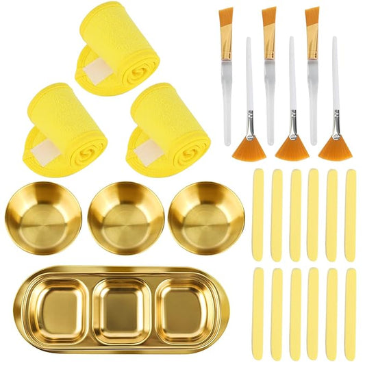 26 Pcs Esthetician Supplies 3 Gold Mixing Bowls Gold Small Serving Tray 3 Compartment Serving Tray 3 Facial Fan Brushes 3 Face Mask Applicator Brush 12 Facial Sponge Compressed Round 3 Hair Band