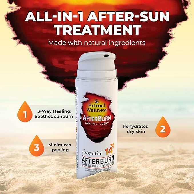 All-in-One AfterBurn Tan Recovery Lotion – Doctor-Formulated Aftersun Lotion w/Natural Ingredients & 14 Essential Oils for All Ages – After Sun Care for Deep Hydration & Peeling Minimization