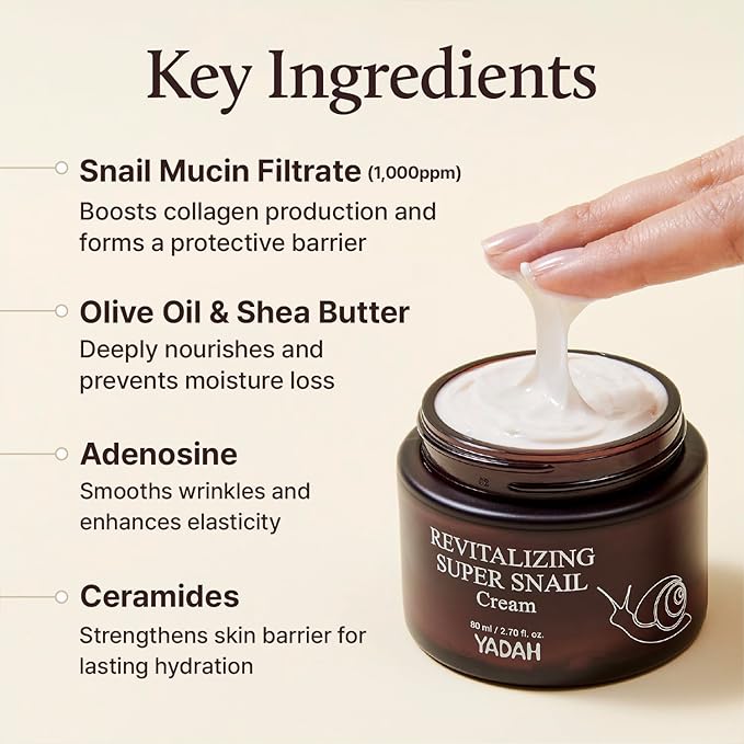 YADAH Revitalizing Super Snail Cream 2.7fl oz – Lightweight Moisturizer with Snail Mucin, Adenosine & Shea Butter for Hydration, Skin Texture & Nourished Look