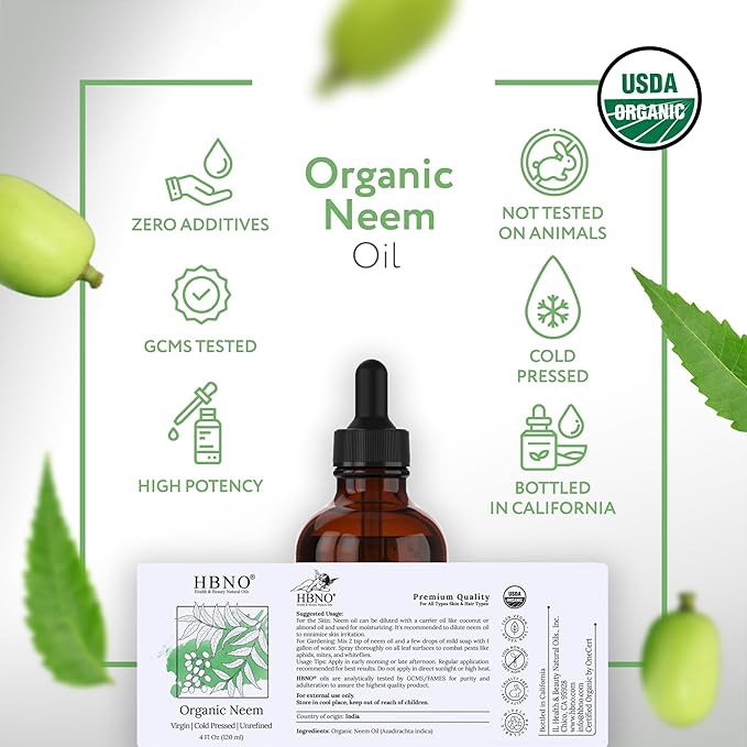 HBNO Organic Neem Oil - 4 oz (120ml) Value Size - Ideal for Face wash, Lotions, Skincare, and Hair Care Products (Glass Bottle)