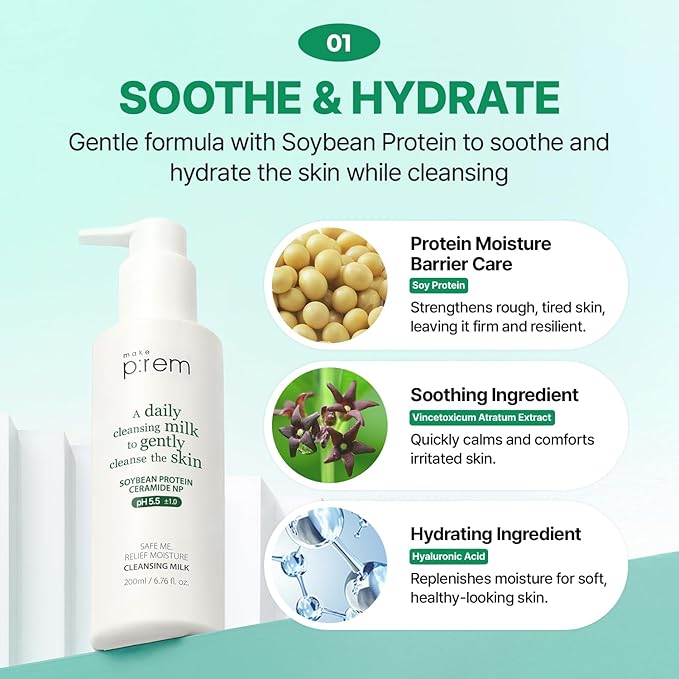 MAKE P:REM Safe Me. Relief Moisture Cleansing Milk, Hydrating Gentle Face Wash for Sensitive Skin with Soy Protein, Korean Milky Cleanser, Korean Skin Care, 6.76 Fl.Oz, 200ml